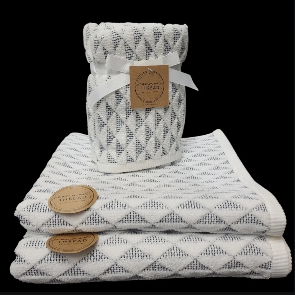 4pc COMMON THREAD Boho Triangle 100% Zero Twist Cotton BATH Hand Tip Towel Set